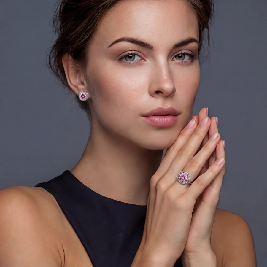 Pink Halo Moissanite Stud Earrings | LIZNA GLOW