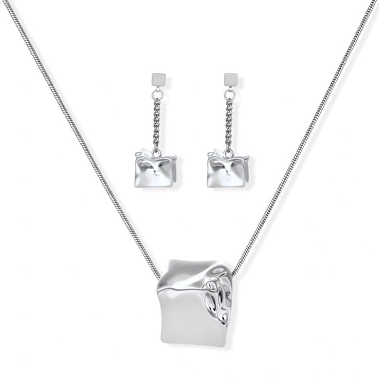 Geometric jewelry set with textured cube pendants on chains, featuring eco-zinc alloy in silver and gold finishes.