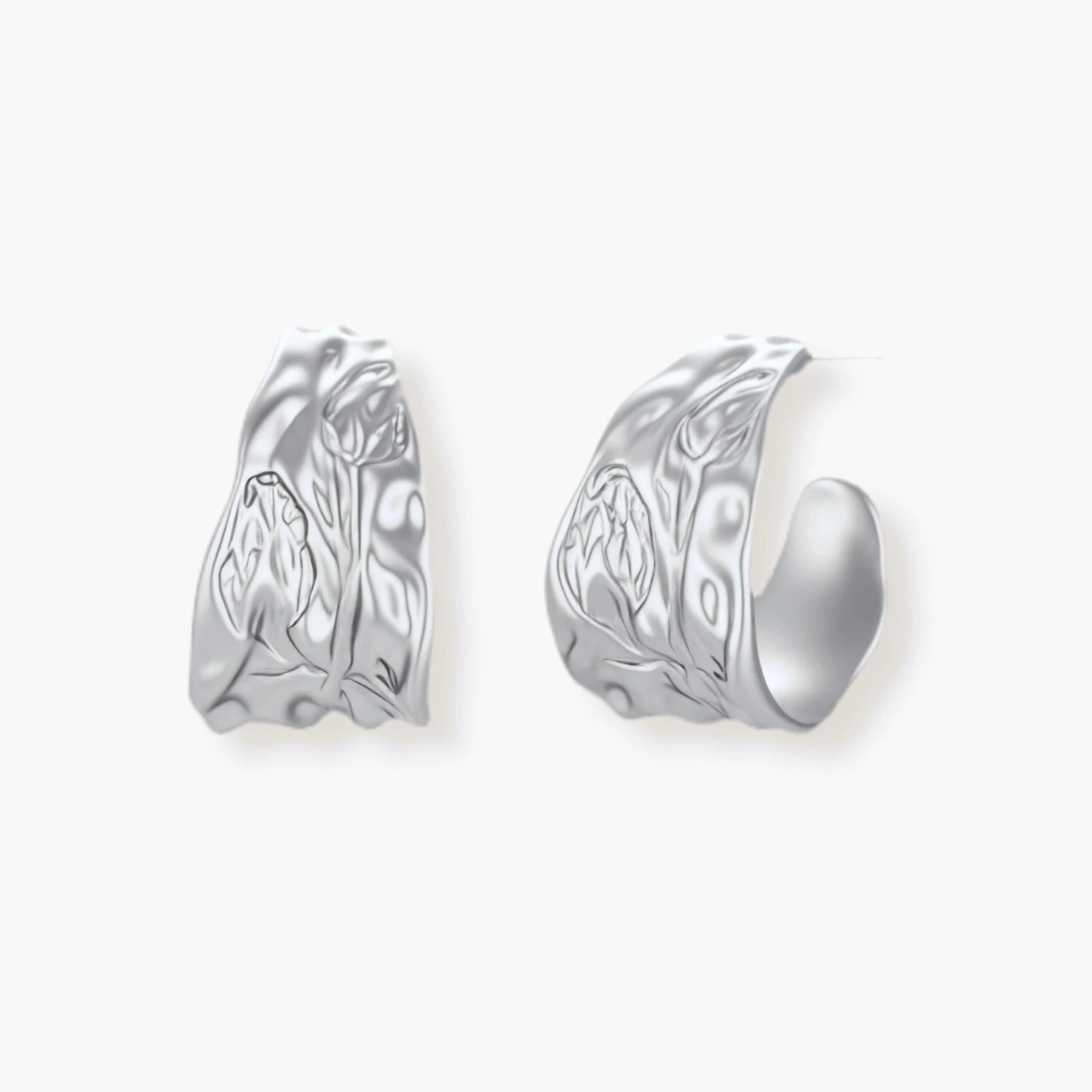 Textured silver jewelry set with floral engravings featuring adjustable cord necklace and matching hoop earrings