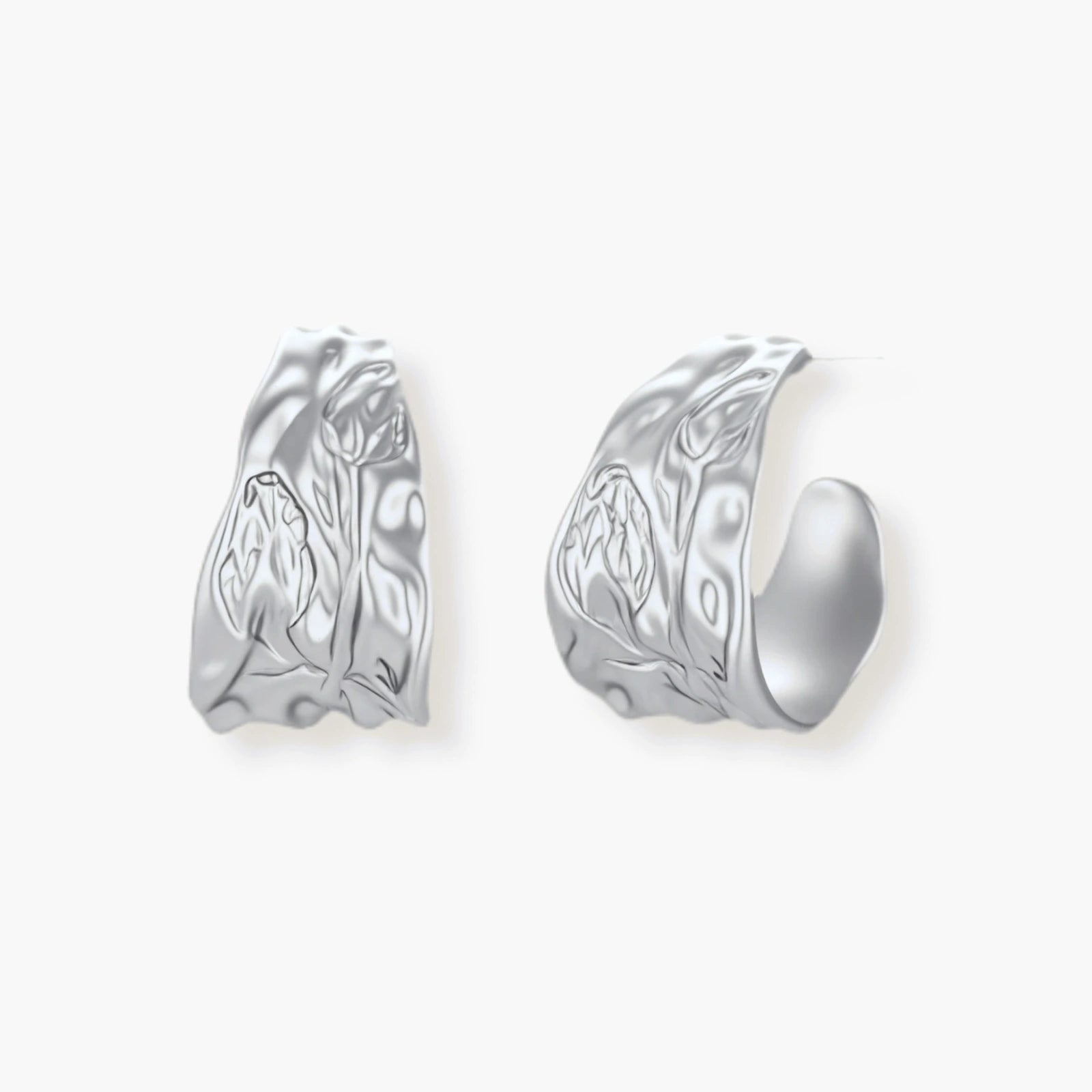 Textured silver jewelry set with floral engravings featuring adjustable cord necklace and matching hoop earrings