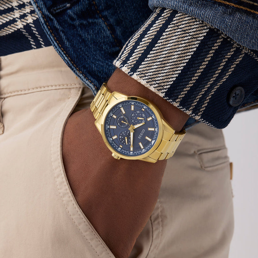 Reloj Guess GW0963G2 — Acero Dorado · Esfera Azul · 44 mm · 5 ATM